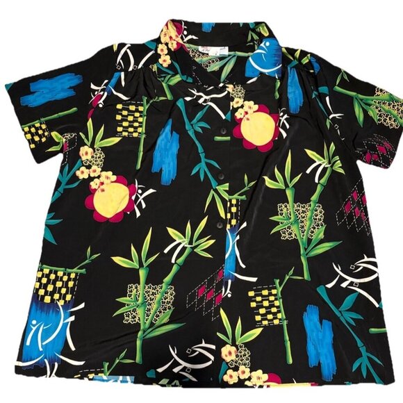 A Personal Touch 4X  Short Sleeve Button Front Black Colorful Resort Wear Summer - Picture 1 of 4